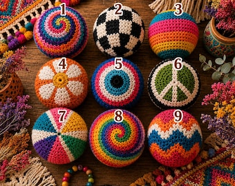 Balón de fútbol estilo boho de ganchillo, pelota de punto geométrica colorida, juego de césped tejido para niños y adultos, Hacky arcoíris, saco de ganchillo
