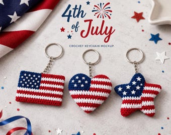 Llavero personalizado de la bandera estadounidense tejido a crochet, patrón patriótico 3 en 1 para el 4 de julio, llavero de corazón y estrella con la bandera de EE. UU.