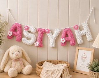 Guirnalda de letras de hilo de ganchillo con el nombre del bebé, banderines personalizados de lona para la habitación del bebé, regalo personalizado para baby shower.