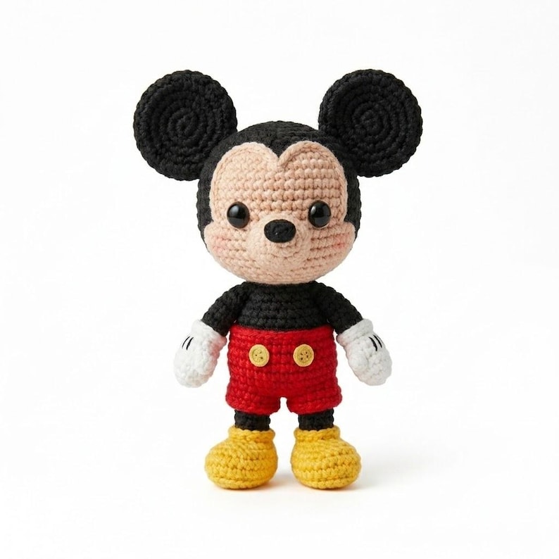 May include: A handmade crochet Mickey Mouse doll. The doll has black ears, a black body, red shorts with yellow buttons, yellow shoes, and white gloves. The face is tan with black eyes and a black nose.