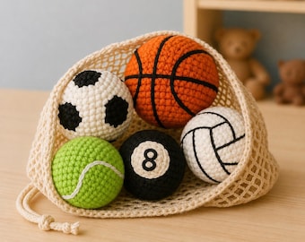 Pelotas de hacky sack de ganchillo con temática deportiva, pelotas tejidas a mano de baloncesto, béisbol, fútbol, voleibol, fútbol americano, softbol, regalo para él y papá.