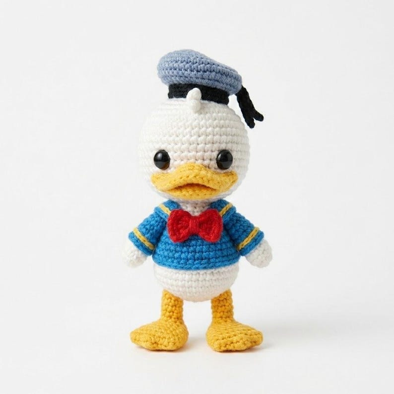 May include: A handmade crochet Donald Duck doll. The doll features a white body, yellow beak and feet, and a blue sailor shirt with a red bow tie. It wears a blue sailor hat with a black brim and a black tail.