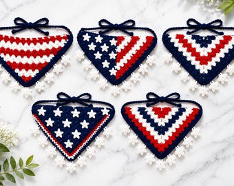 Pañuelo de ganchillo patriótico hecho a mano, pañuelo para la cabeza rojo, blanco y azul, pañuelo para el cabello estilo americano, regalo para amigos.