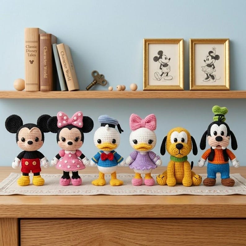 May include: A collection of seven crocheted Disney character dolls, including Mickey Mouse, Minnie Mouse, Donald Duck, Daisy Duck, Pluto, and Goofy. Each doll is handmade with detailed features and vibrant colors, displayed on a wooden surface.