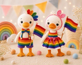 Muñeco de pato de ganchillo arcoíris, animales lindos de ganchillo arcoíris hechos a mano, peluche de pato de ganchillo arcoíris, los mejores regalos para amigos.
