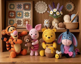 Personajes de Winnie the Pooh tejidos a crochet, peluches personalizados de Tigger, Eeyore y Piglet en amigurumi, regalo personalizado para baby shower, juguete de peluche hecho a mano para niñas.