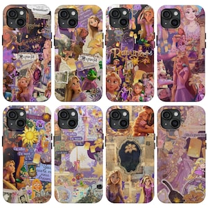 May include: Eight phone cases with a collage design featuring the character Rapunzel from the movie Tangled. The cases are primarily purple, yellow, and white, with images of Rapunzel, lanterns, and text.