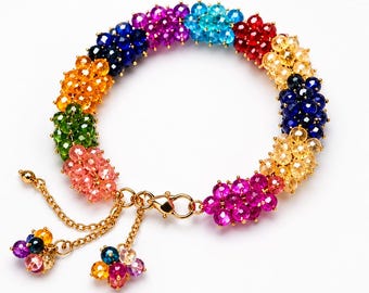 Handmade Rainbow Crystal Bracelet, Multicolor Beaded Gold Accents, Adjustable Boho Jewelry
