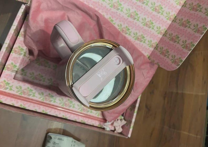 Puede incluir: Un vaso t&eacute;rmico de color rosa claro con tapa a juego y borde dorado. El vaso cuenta con un asa resistente y se presenta dentro de una caja forrada con papel de estampado floral rosa y tela rosa suave, visto desde un &aacute;ngulo cenital.