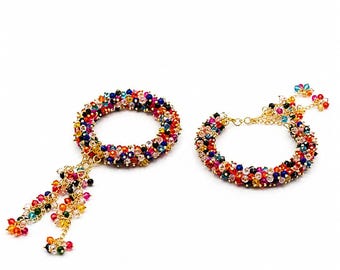 Multicolor Crystal Gajra Bracelet Set | Gold-Plated Beaded Jewelry