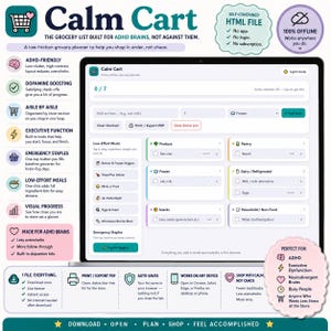 Op de afbeelding: Een digitale interface voor een boodschappenplanner genaamd Calm Cart op een scherm, met gecategoriseerde secties voor verse producten, voorraadkast, diepvries, zuivel en huishoudelijke artikelen, inclusief knoppen voor toevoegen.