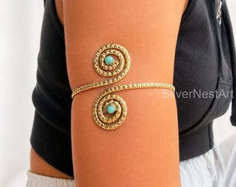 Boho Spiral Arm Cuff Bracelet, Natural Aquamarine Armlet