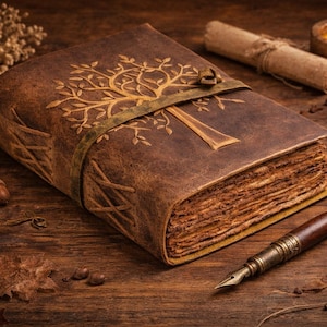 Könnte beinhalten: Ein braunes, in Leder gebundenes Tagebuch mit einem geprägten Baummotiv auf dem Einband, das mit einem Lederriemen verschlossen ist. Das Buch hat dicke Seiten mit unebenen Kanten und wird von einem Füllfederhalter, einem kleinen Schlüssel und einer Kerze begleitet.