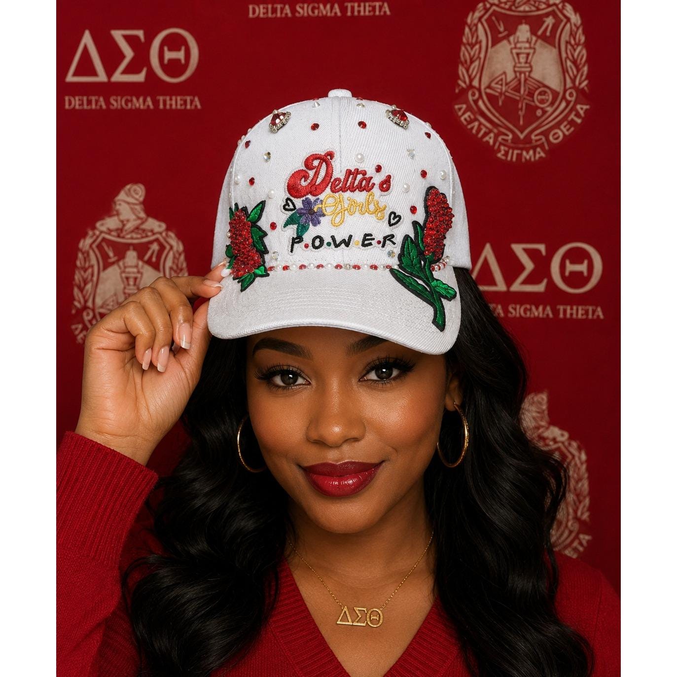 Delta Sigma Theta Baseball‎ Cap White with Red Rhinestones & White Pearls Delta AOML SnapBack – Sorority Hills main image 4