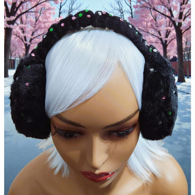 Custom Earmuffs Black Design With Pink Green Pearls & Rhinestone AI ...
