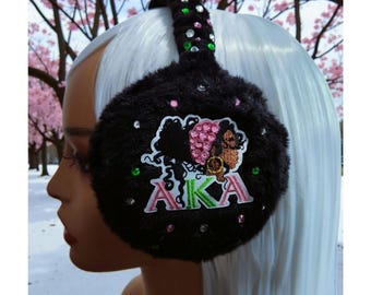 Custom Earmuffs Black design with pink green Pearls & rhinestone AI Background