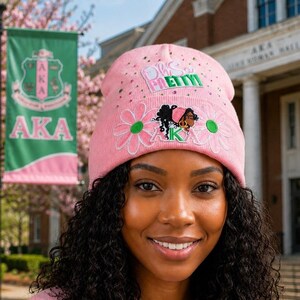 Alpha Kappa Alpha AKA Oh So Pretty Pink Rhinestone Embroidered Beanie Hat Alpha Kappa Alpha Beanie - Etsy main image 4