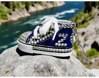 Custom Keychain Blue design with rhinestones AI background