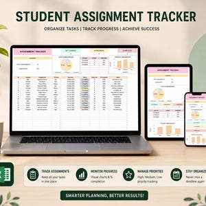 May include: A digital student assignment tracker displayed on a laptop, tablet, and smartphone screen. The interface features tables, pie charts, and bar graphs for organizing tasks, tracking progress, and managing priorities with a clean layout.