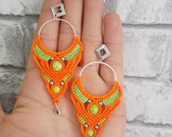 Hand-knotted Macrame Hoop Earrings, Orange Green Natural Stone, Boho Tribal Style