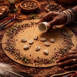 May include: A lit candle and bowls of spices sit on a patterned surface, with a woven mat featuring cowrie shells. A hand pours from a small white cup. Colourful beads and feathers contribute to the mystical atmosphere. The scene suggests a spiritual or ritualistic theme.