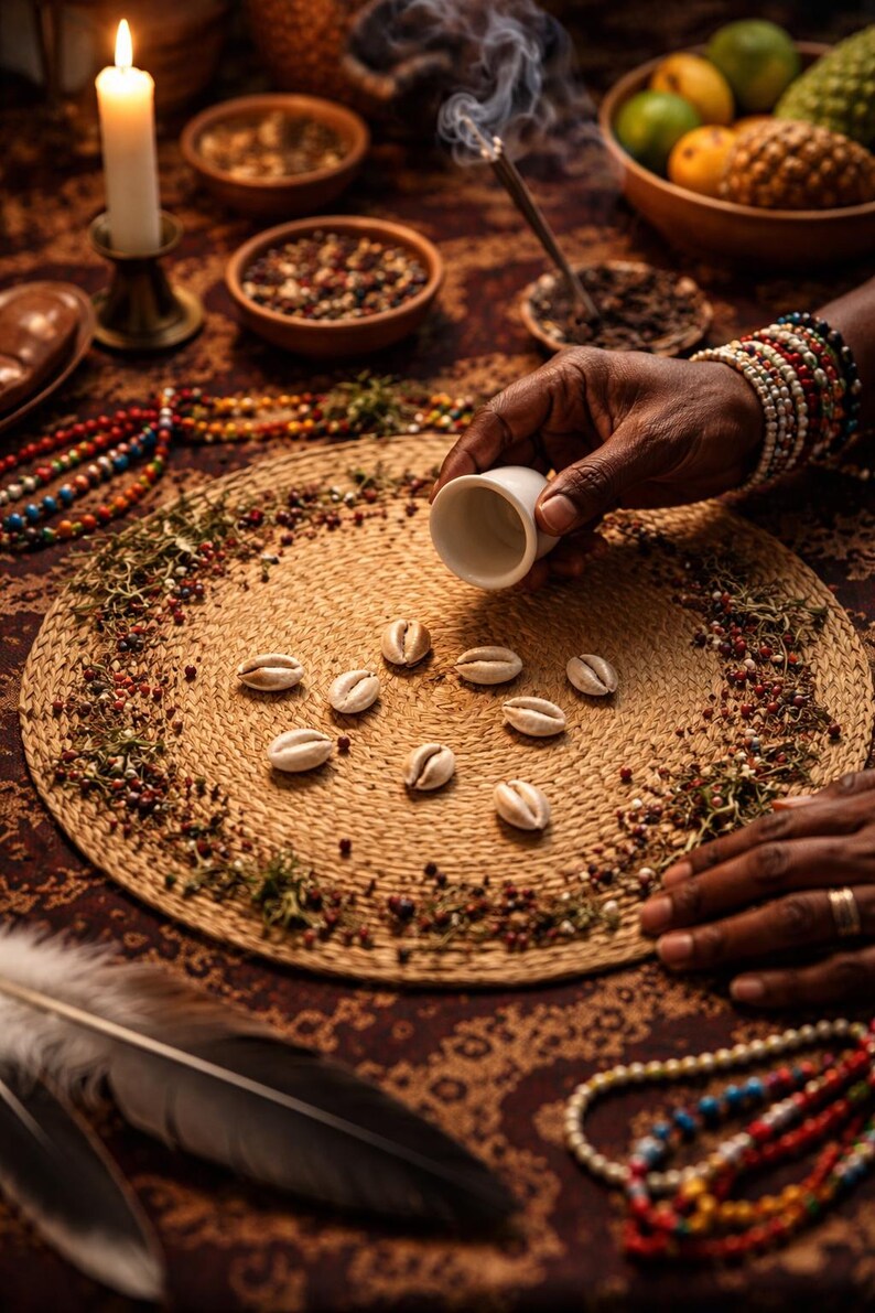 May include: A candle burns beside bowls of spices and a woven mat adorned with cowrie shells. A hand pours from a small white cup. Colorful beads and feathers add to the mystical ambiance. The scene suggests a spiritual or ritualistic theme.