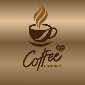 Op de afbeelding: Een bruin grafisch logo op een verloopachtergrond met een dampende kop koffie op een schoteltje. De tekst Coffee sunrise staat in een gestileerd scriptlettertype onder de kop, vergezeld van een klein koffieboonpictogram aan de rechterkant.