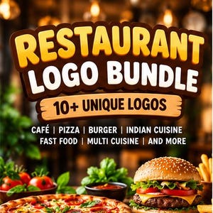May include: A digital graphic featuring the text "RESTAURANT LOGO BUNDLE" in large yellow and white letters, followed by "10+ UNIQUE LOGOS" on a wooden sign, and a list of categories including "CAFÉ | PIZZA | BURGER | INDIAN CUISINE | FAST FOOD | MULTI CUISINE | AND MORE".
