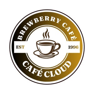 May include: A circular logo with a gold and black gradient background featuring a central white coffee cup icon with steam. The text BREWBERRY CAFÉ is arched at the top, CAFÉ CLOUD is arched at the bottom, and EST 1996 is centred on a white bar.