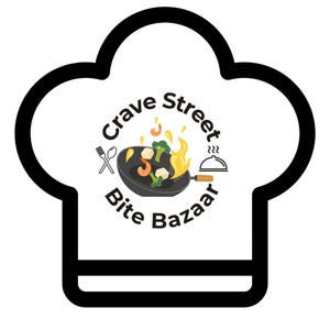 May include: A logo in the shape of a chef's hat with a black outline. Inside, a circular design shows the text "Crave Street Bite Bazaar" around an illustration of a pan with food and flames. A fork and spoon are on the left.