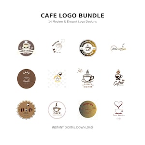 May include: A digital collection titled CAFE LOGO BUNDLE 14 Modern & Elegant Logo Designs featuring twelve distinct circular and graphic coffee-themed logos in brown, gold, and white tones, including text like Bean & Brew, Coffee Diaries, and Two Hearts Café.
