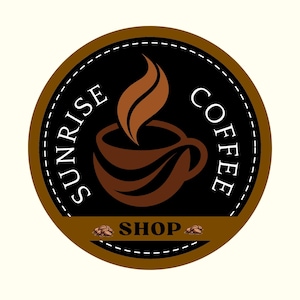 May include: A circular logo featuring a brown coffee cup with steam rising from it, centred on a black background. The text SUNRISE COFFEE is arched around the cup, and the word SHOP is positioned below with small coffee bean illustrations.