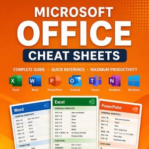 May include: A vibrant orange and white graphic promoting Microsoft Office cheat sheets. The image features the Microsoft Office logo, application icons, and cheat sheet examples for Excel, Word, and PowerPoint, with essential shortcuts.