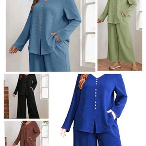 Minimalist Linen-Look Co-ord Set for Women, V-Neck Button Down Tunic with Wide Leg Pants, Two Piece Matching Loungewear, Casual Boho Suit
