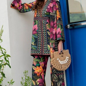 Designer Floral Print Salwar Kameez, Luxury Digital Print Cotton Co-ord Set, Pakistani Style Long Kurta with Wide Leg Trousers, Summer Party