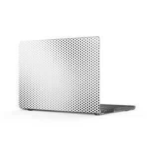 May include: A laptop computer featuring a protective hard shell case with a white background and a black dot pattern that transitions from dense clusters on the left side to sparse, smaller dots toward the right side of the device lid.