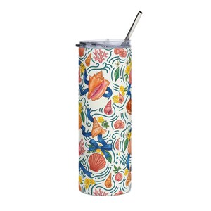 May include: A tall, insulated tumbler with a lid and a metal straw. The tumbler is covered in a repeating pattern of seashells, coral, and flowers in shades of orange, pink, yellow, and blue on a white background. A blue ribbon design is also present.
