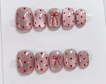 Kawaii Pink Bow Press On Nails | Short Square Polka Dot Nails | Handmade Glossy Shimmer Set | Cute Reusable Nails | Gift for Her
