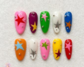 Colorful Star Press On Nails, Y2K Kawaii Almond Nails, Handmade Glossy Retro Nail Set, Cute Funky Reusable Fake Nails