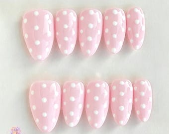 Pink Polka Dot Press On Nails, Cute Kawaii Almond Nails, Handmade Glossy Pastel Pink Nail Set, Reusable Coquette False Nails