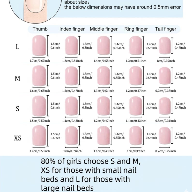 May include: A chart displaying the dimensions of pink press-on nails in inches and centimeters. Sizes range from XS to L, with measurements for thumb, index, middle, ring, and tail fingers. Text indicates that most users choose sizes S and M.