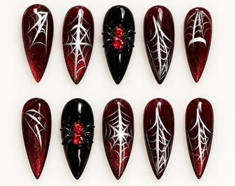 Red Black Gothic Press On Nails, Spiderweb Halloween Nails, 3D Spider Almond Fake Nails
