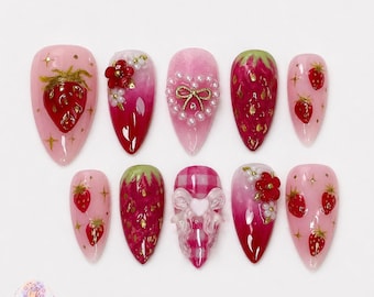 Strawberry Press On Nails | 3D Kawaii Pink Nails | Handmade Acrylic False Nails | Cute Summer Nail Art | Reusable Glue On Nails