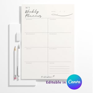 May include: A cream-colored weekly planner sheet with black text reading MY Weekly Planner, days of the week from Monday to Sunday, and a notes section. A white pencil and a white eraser are positioned to the left of the planner sheet.