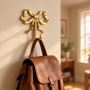 Pode incluir: Um gancho de parede de metal dourado em forma de laço decorativo com fitas fluidas. O gancho está montado numa parede e suporta uma mochila de couro castanho com uma pega superior e uma aba frontal fixada por uma correia com fivela metálica.