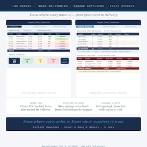 Supplier Order Tracker Excel | Purchase Order Log | Delivery Tracker | Overdue Order Alerts | Boutique Buying Tool