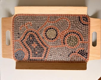 Handgefertigtes Mosaiktablett aus Holz | Dekotablett mit Acrylmosaik | Unikat in Terrakotta- und Naturtönen
