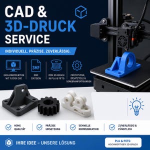 Könnte beinhalten: Werbung für einen 3D-Druck-Service. Das Bild zeigt einen 3D-Drucker und verschiedene gedruckte Objekte in Schwarz, Weiß und Blau. Der Text enthält "CAD & 3D-DRUCK SERVICE" und Details zu den angebotenen Dienstleistungen, wie z. B. CAD-Konstruktion und Prototyping.