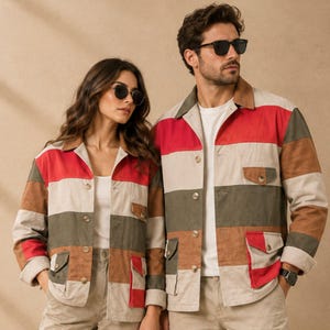 May include: Two matching button-down jackets featuring horizontal color-blocked stripes in red, olive green, and beige. Each jacket includes a classic collar, long sleeves, and two front flap pockets with metallic buttons, worn over a plain white shirt.