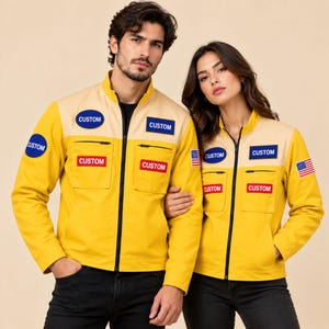 Giacca Gialla da Volo Spaziale Fatta a Mano | Bomber Uomo in Cotone con Patch Astronauta e Stile Utility